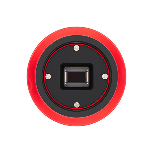 ZWO ASI585MM monochrome astronomy camera front view showing sensor window and anodized red aluminum body.”