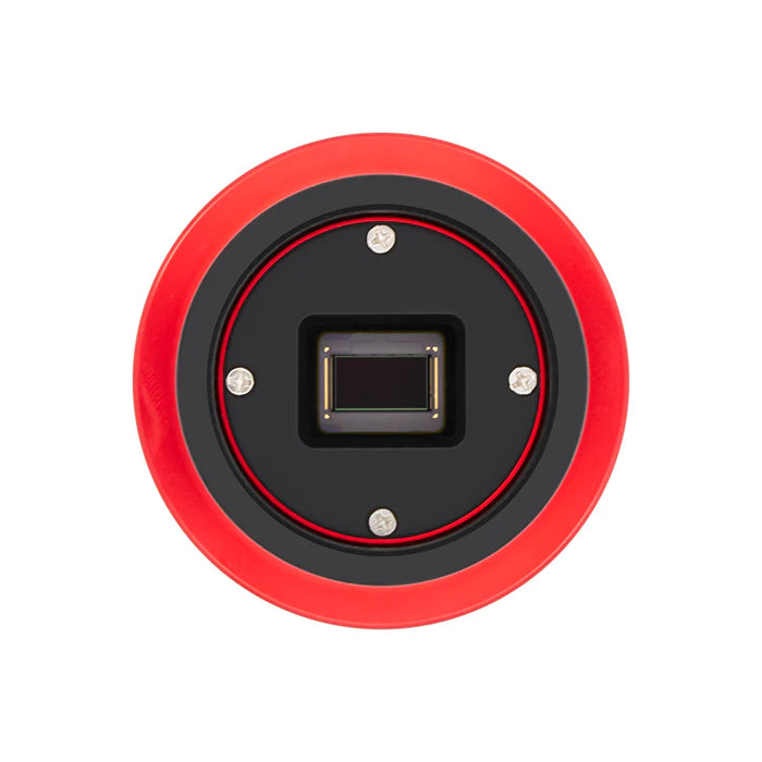 ZWO ASI585MM monochrome astronomy camera front view showing sensor window and anodized red aluminum body.”