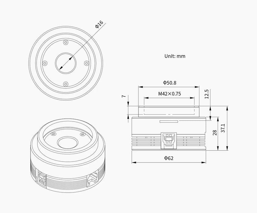 Technical drawing of a mechanical component with dimensions