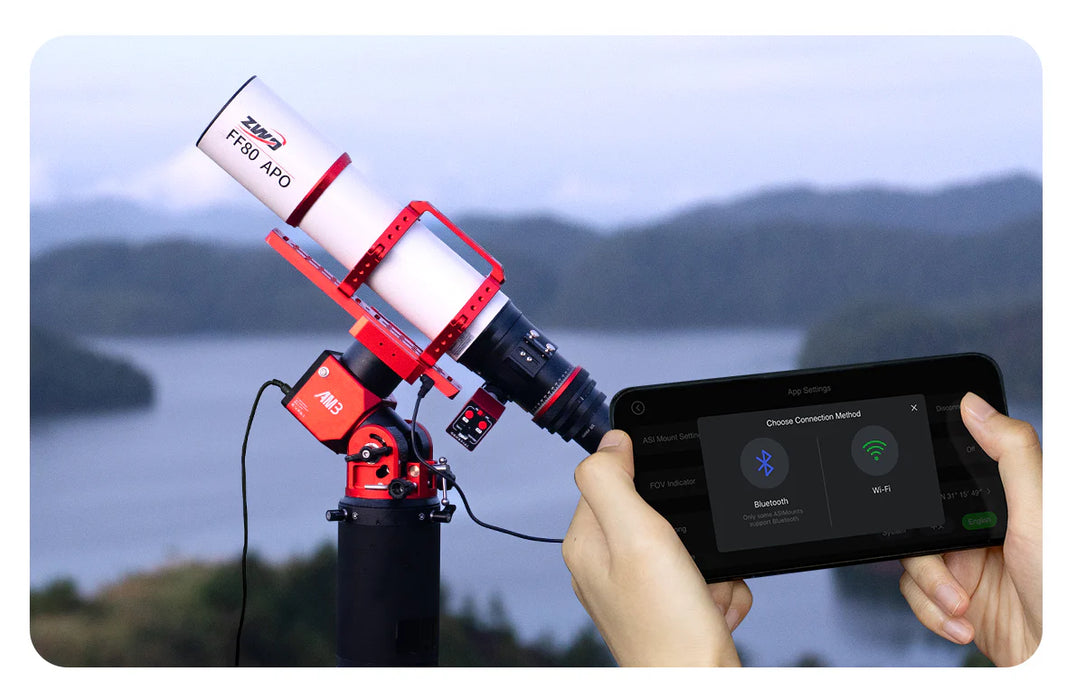 ZWO AM3N Harmonic Drive Mount front view showing integrated USB-C and DC ports in the dovetail saddle