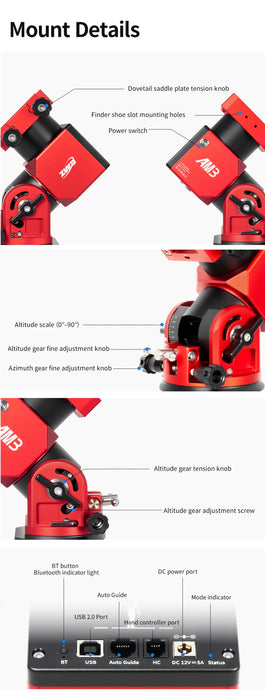 ZWO AM3N Harmonic Drive Mount front view showing integrated USB-C and DC ports in the dovetail saddle