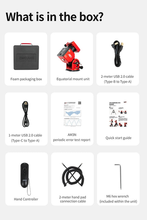 ZWO AM3N Harmonic Drive Mount front view showing integrated USB-C and DC ports in the dovetail saddle