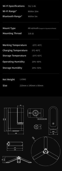 Technical specifications and diagrams of a device on a black background