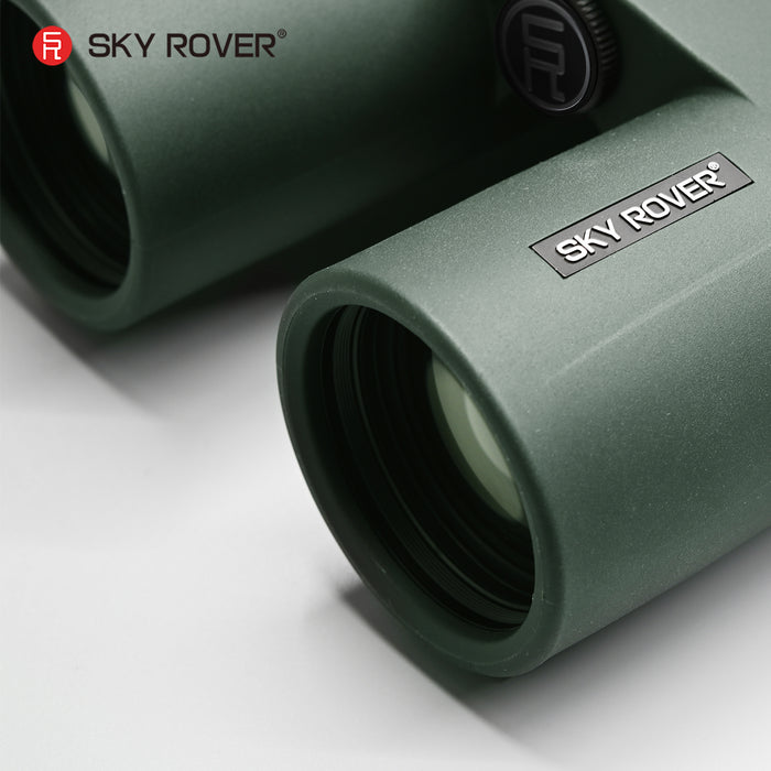 Green binoculars with 'Sky Rover' branding on a light gray background