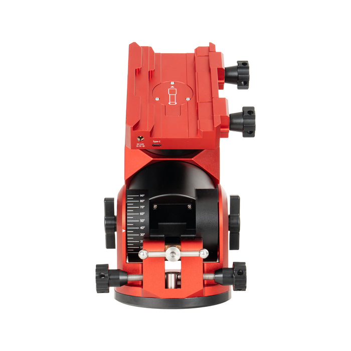 Angled view of the ZWO AM7 harmonic drive mount, showing the mount head, altitude adjustment assembly, and clean mechanical layout.