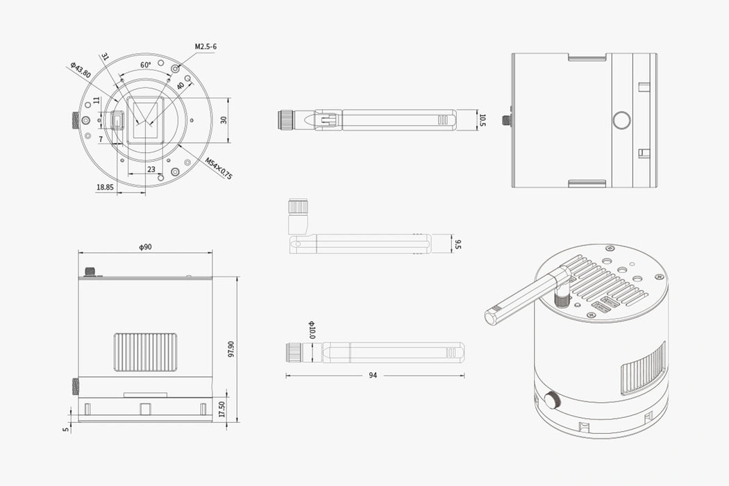 Technical drawing of a cylindrical object with dimensions and features labeled