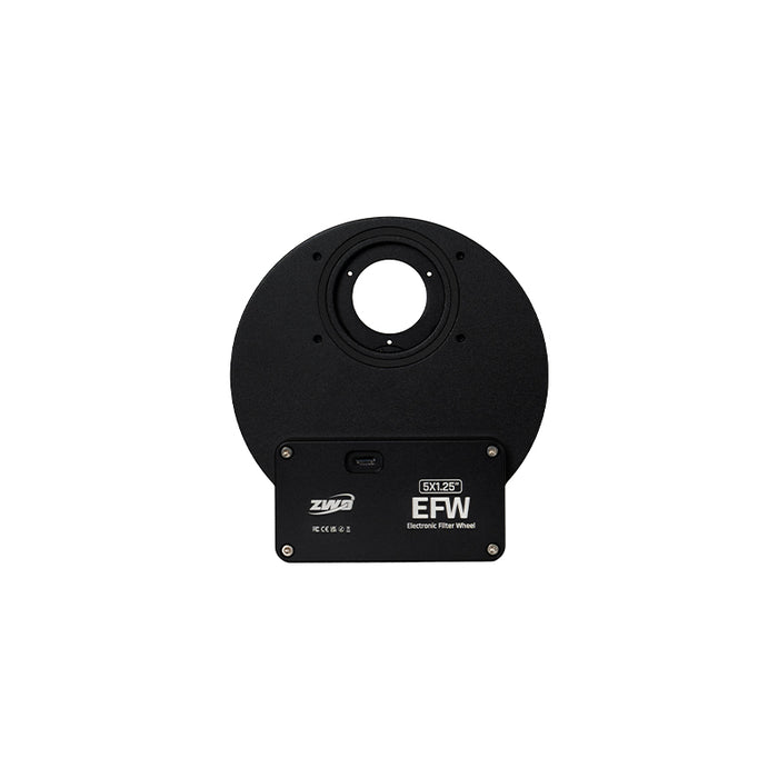 Front view of the ZWO EFW-5×1.25" filter wheel showing USB-C port and mounting holes.