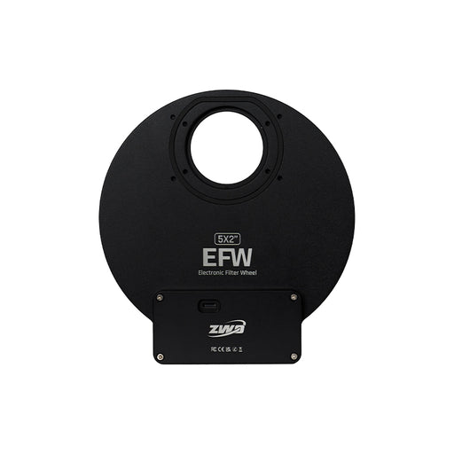 Front view of the ZWO EFW-5×2 inch electronic filter wheel showing the USB-C port, mounting pattern, and enlarged 2-inch filter aperture.