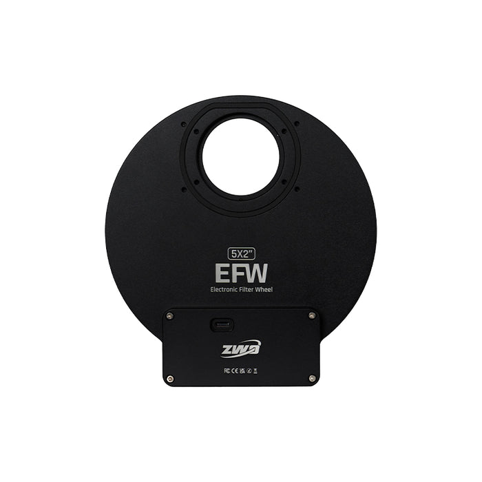 Front view of the ZWO EFW-5×2 inch electronic filter wheel showing the USB-C port, mounting pattern, and enlarged 2-inch filter aperture.