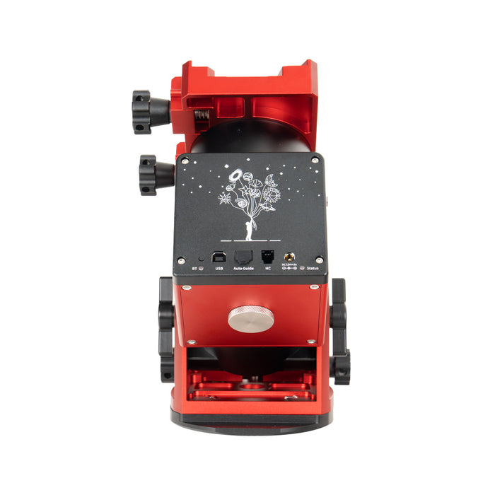 Angled view of the ZWO AM7 harmonic drive mount, showing the mount head, altitude adjustment assembly, and clean mechanical layout.