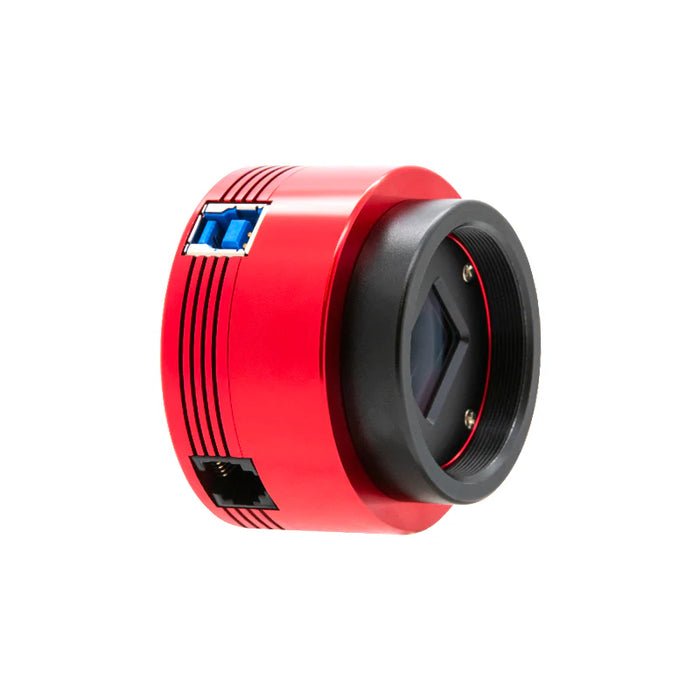 ZWO ASI585MM camera left side showing ST-4 guide port and USB 3.0 connection.”
