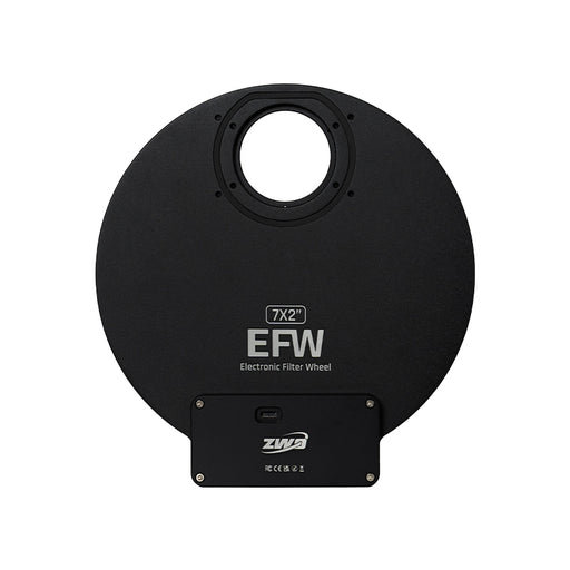Front view of the ZWO EFW-7×2 inch electronic filter wheel showing the large 2-inch aperture, mounting pattern, and USB-C port.