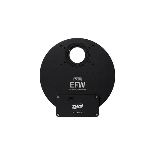 Front view of the ZWO EFW-7×36 mm electronic filter wheel showing the large 36 mm aperture, mounting pattern, and USB-C port.