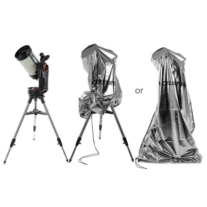 Celestron Weatherproof Telescope Cover draped over a mounted telescope outdoors, showing full-length protection from optical tube to tripod legs.