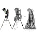Celestron Weatherproof Telescope Cover draped over a mounted telescope outdoors, showing full-length protection from optical tube to tripod legs.