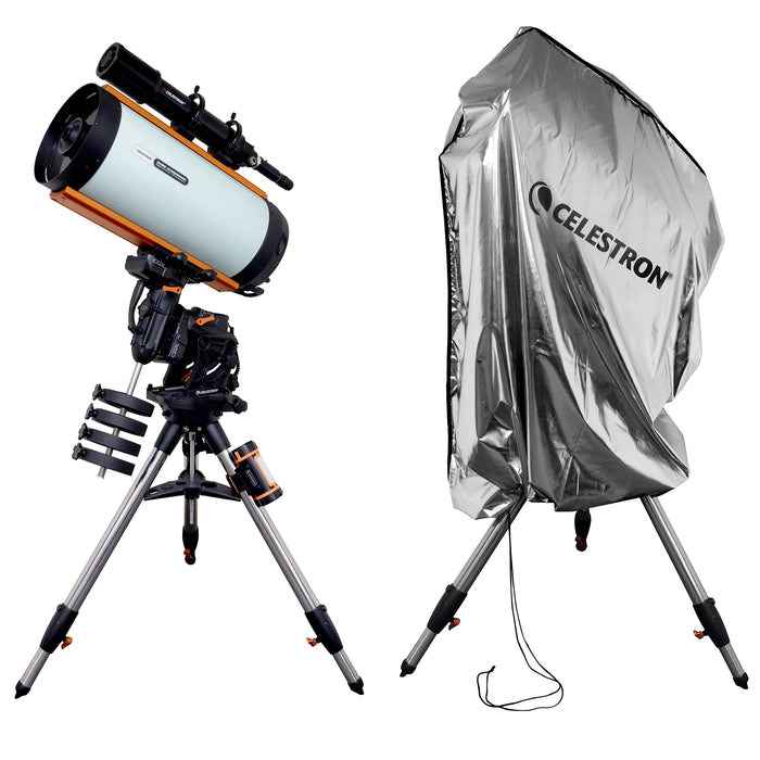 Celestron Weatherproof Telescope Cover draped over a mounted telescope outdoors, showing full-length protection from optical tube to tripod legs.