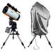 Celestron Weatherproof Telescope Cover draped over a mounted telescope outdoors, showing full-length protection from optical tube to tripod legs.