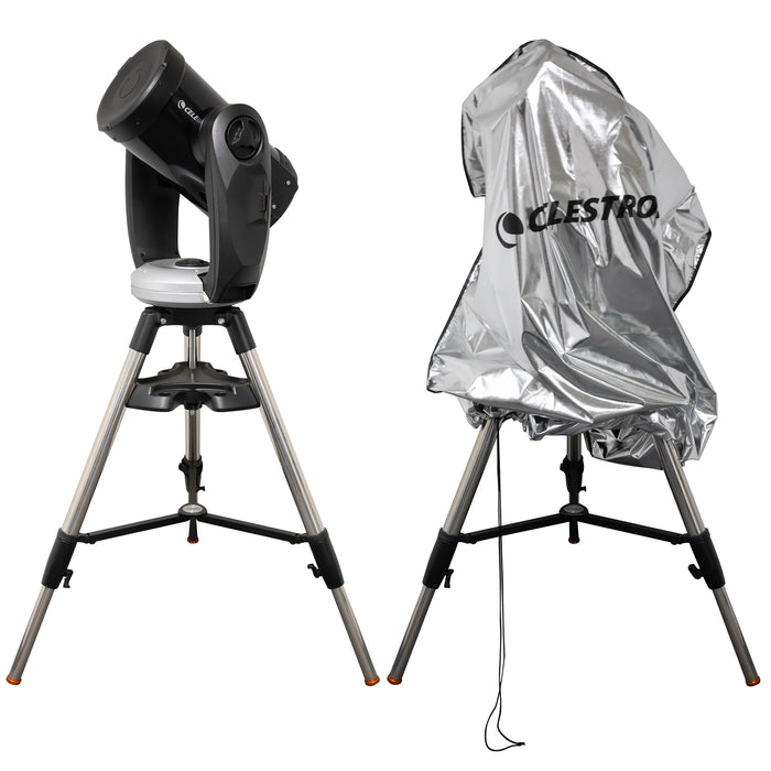 Celestron Weatherproof Telescope Cover draped over a mounted telescope outdoors, showing full-length protection from optical tube to tripod legs.
