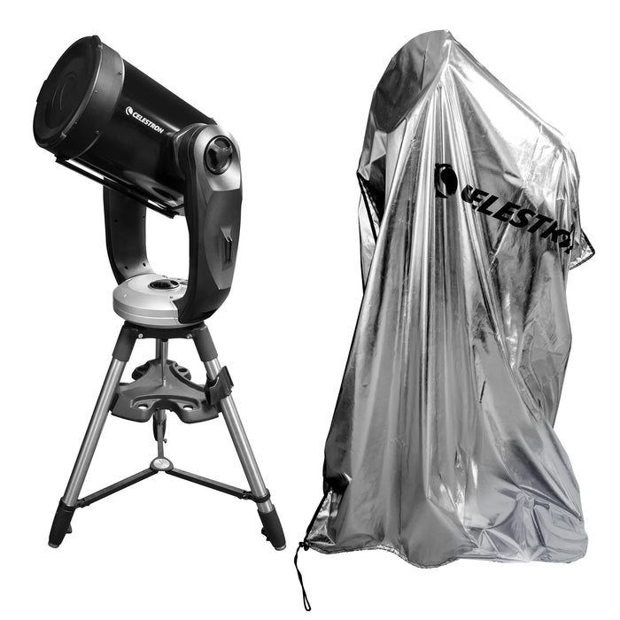 Celestron Weatherproof Telescope Cover draped over a mounted telescope outdoors, showing full-length protection from optical tube to tripod legs.