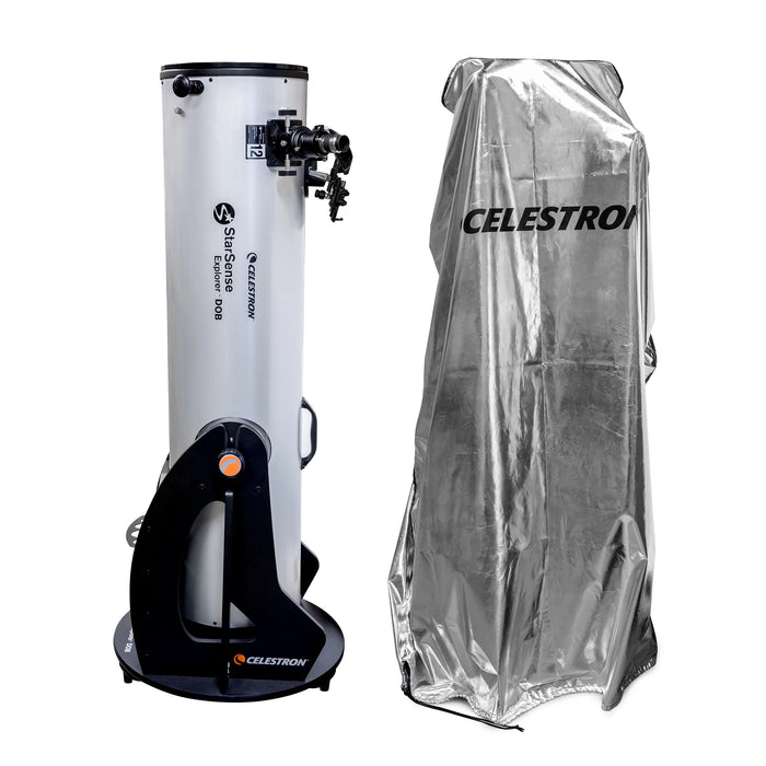 Celestron Weatherproof Telescope Cover draped over a mounted telescope outdoors, showing full-length protection from optical tube to tripod legs.
