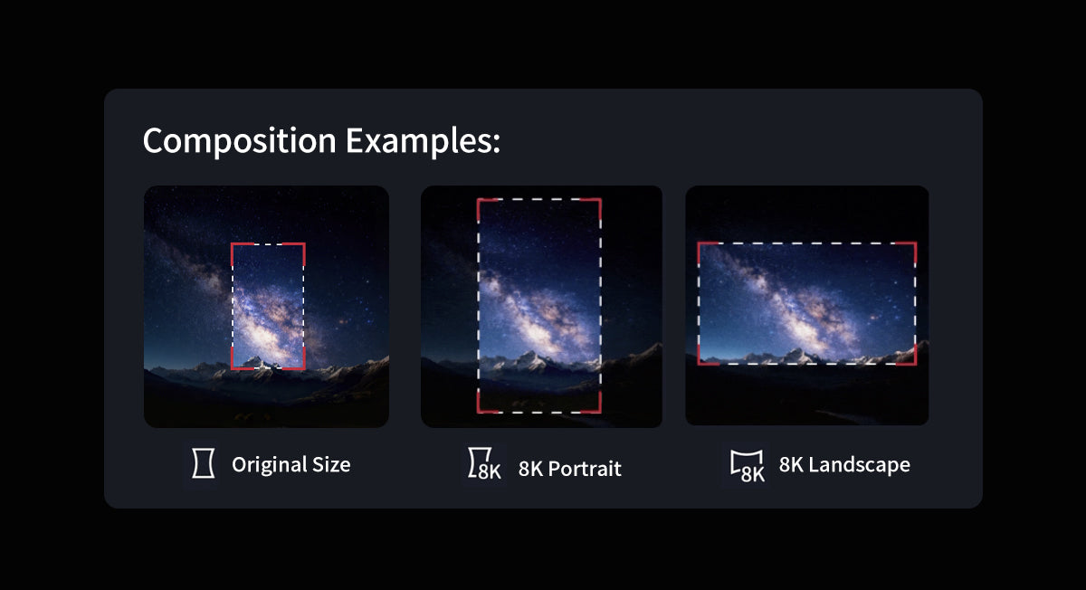 Comparison of different aspect ratios for a landscape image on a black background
