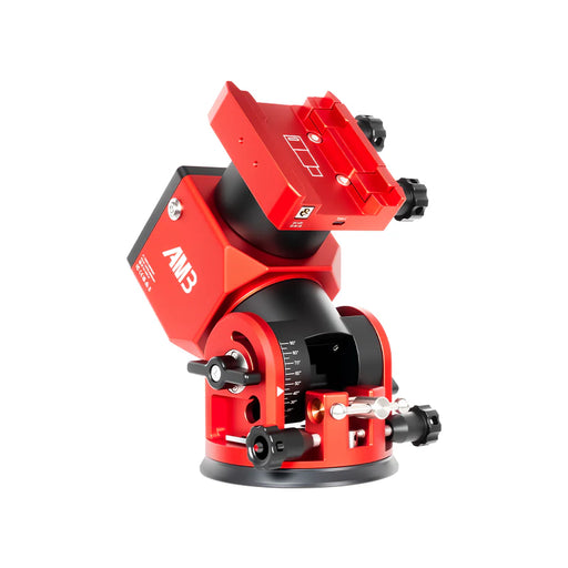 ZWO AM3N Harmonic Drive Mount front view showing integrated USB-C and DC ports in the dovetail saddle