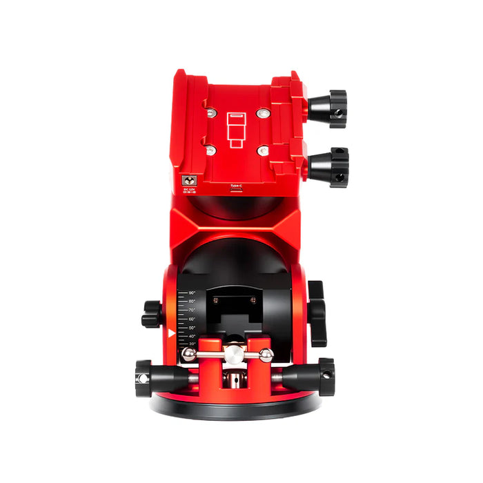 ZWO AM3N Harmonic Drive Mount front view showing integrated USB-C and DC ports in the dovetail saddle