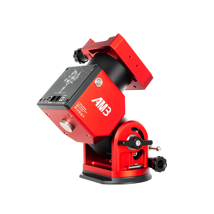 ZWO AM3N Harmonic Drive Mount front view showing integrated USB-C and DC ports in the dovetail saddle