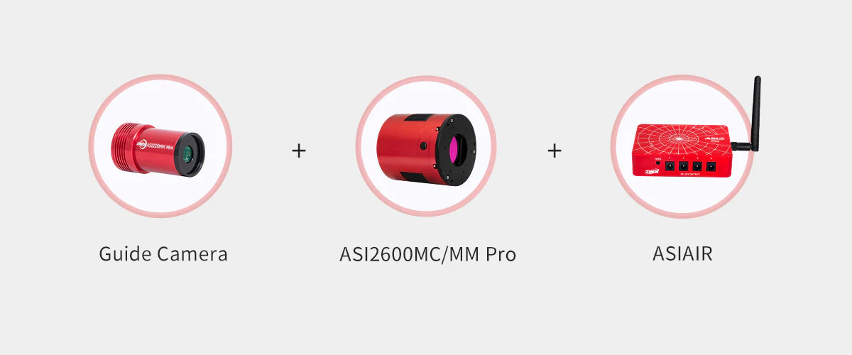 Red camera equipment with labels on a light gray background