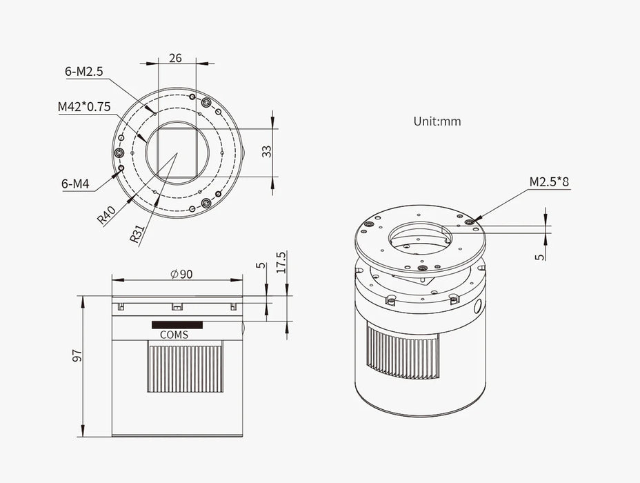 Technical drawing of a mechanical component with dimensions and labels