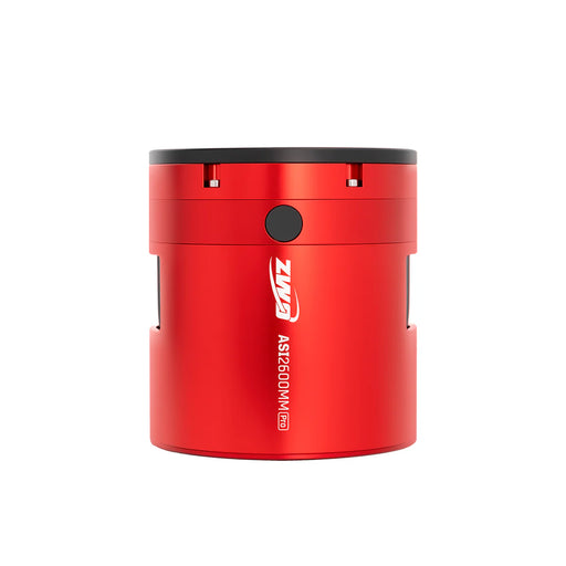 Red cylindrical container with black lid on a white background
