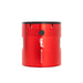 Red cylindrical container with black lid on a white background