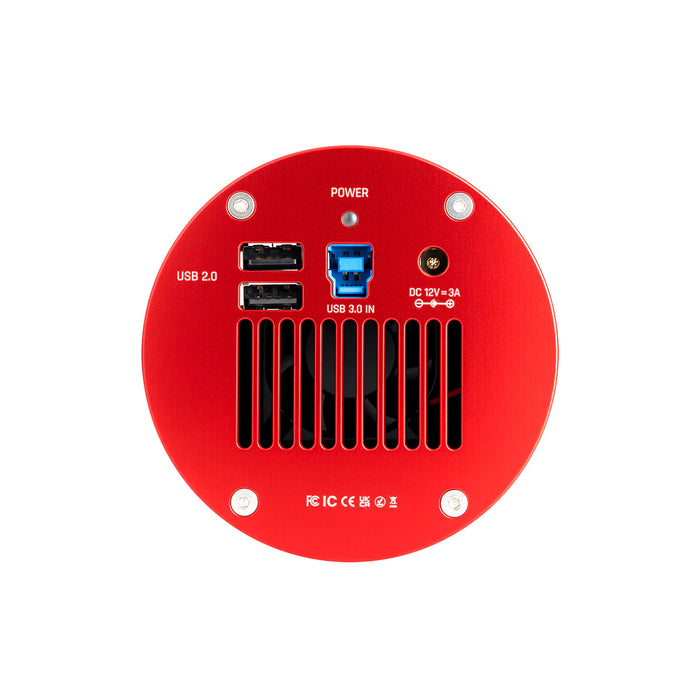 Red circular electronic component with USB and power ports on a white background