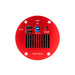 Red circular electronic component with USB and power ports on a white background