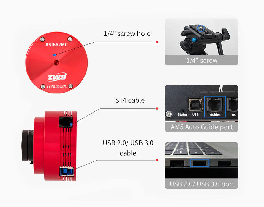Red mechanical component with labeled features on a white background