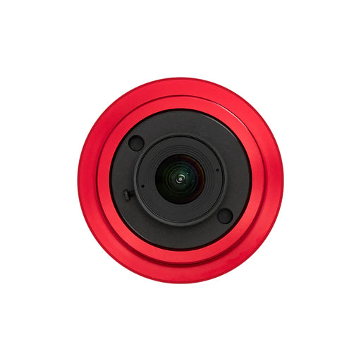 Camera lens with red casing on a white background