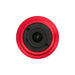 Camera lens with red casing on a white background