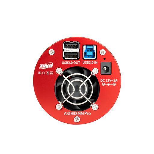 Red electronic module with USB ports and power connector on a white background