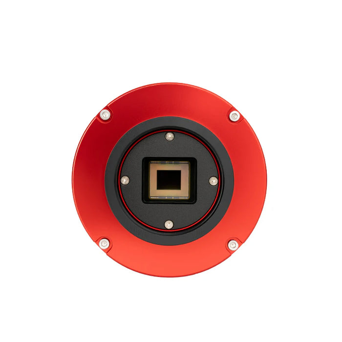 Red camera lens mount on a white background