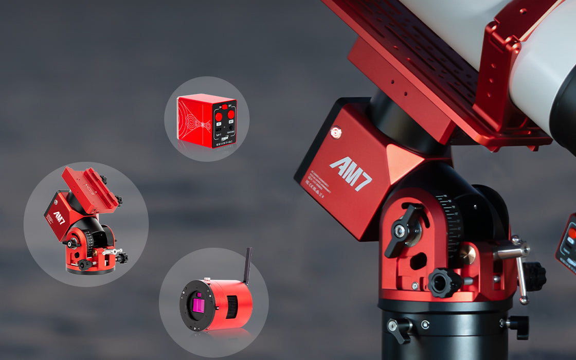 Red telescope with AM7 branding against a dark background