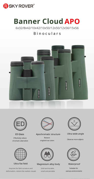 Green binoculars with features listed on a white background, branded as Sky Rover.
