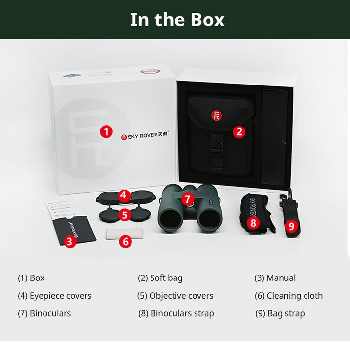 Binoculars set with packaging and accessories on a white background