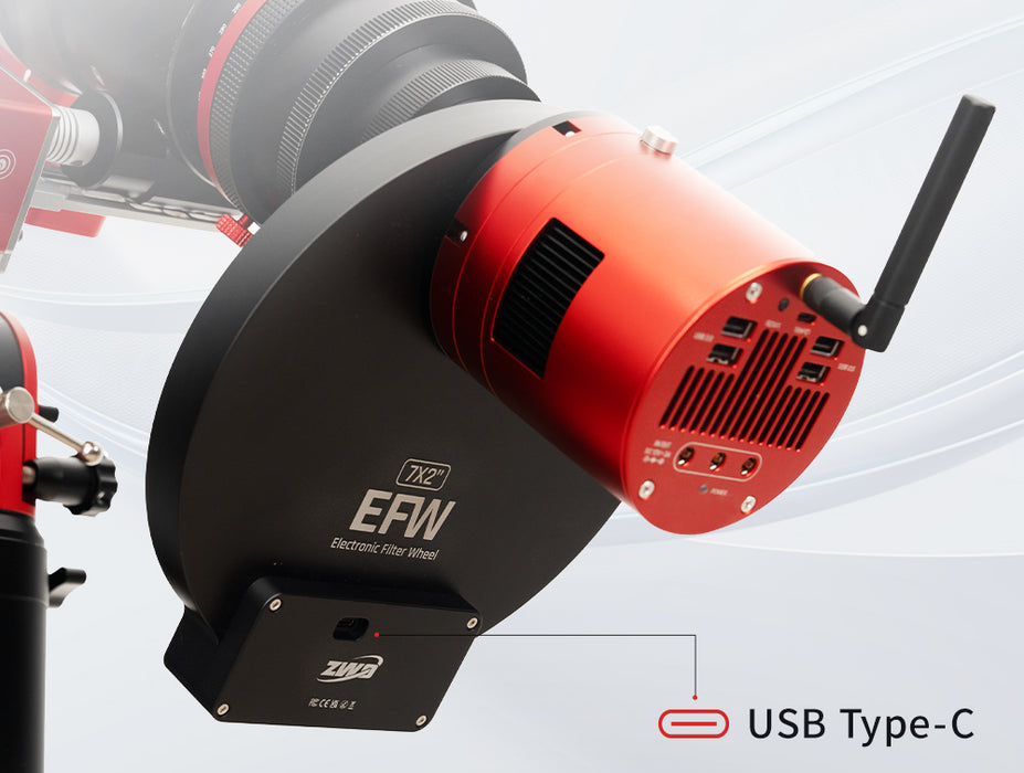 Front view of the ZWO EFW-5×2 inch electronic filter wheel showing the USB-C port, mounting pattern, and enlarged 2-inch filter aperture.