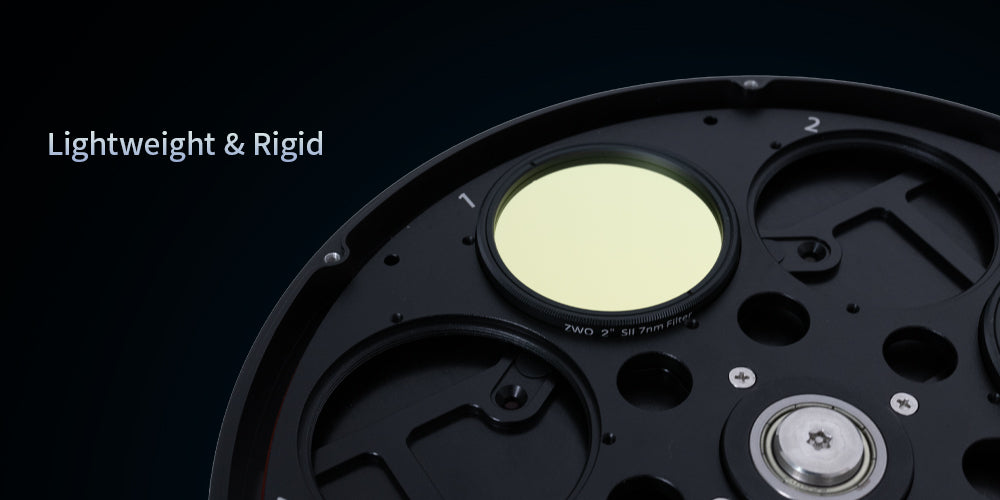 Front view of the ZWO EFW-7×2 inch electronic filter wheel showing the large 2-inch aperture, mounting pattern, and USB-C port.