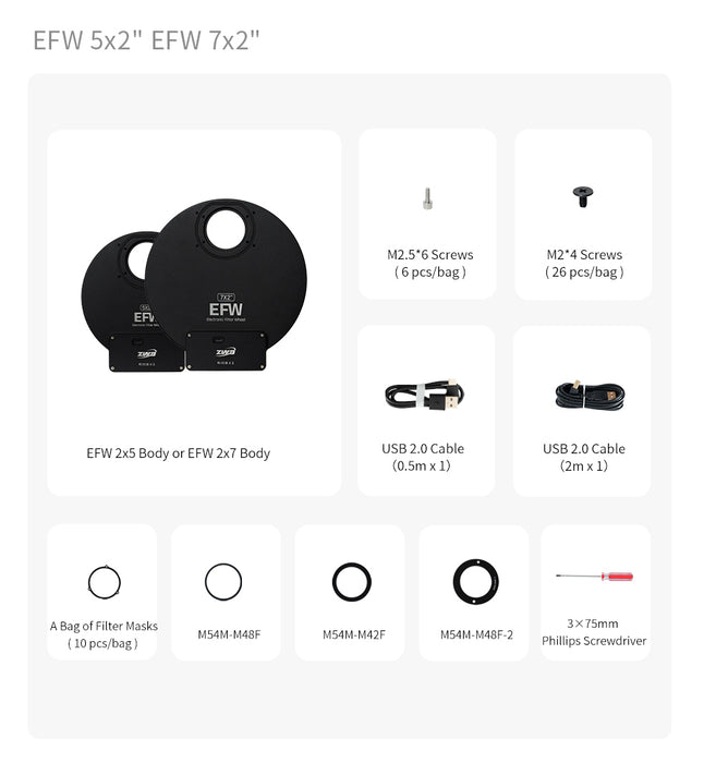 Front view of the ZWO EFW-7×2 inch electronic filter wheel showing the large 2-inch aperture, mounting pattern, and USB-C port.