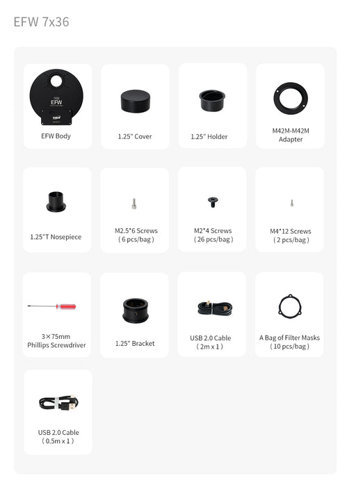 Front view of the ZWO EFW-7×36 mm electronic filter wheel showing the large 36 mm aperture, mounting pattern, and USB-C port.