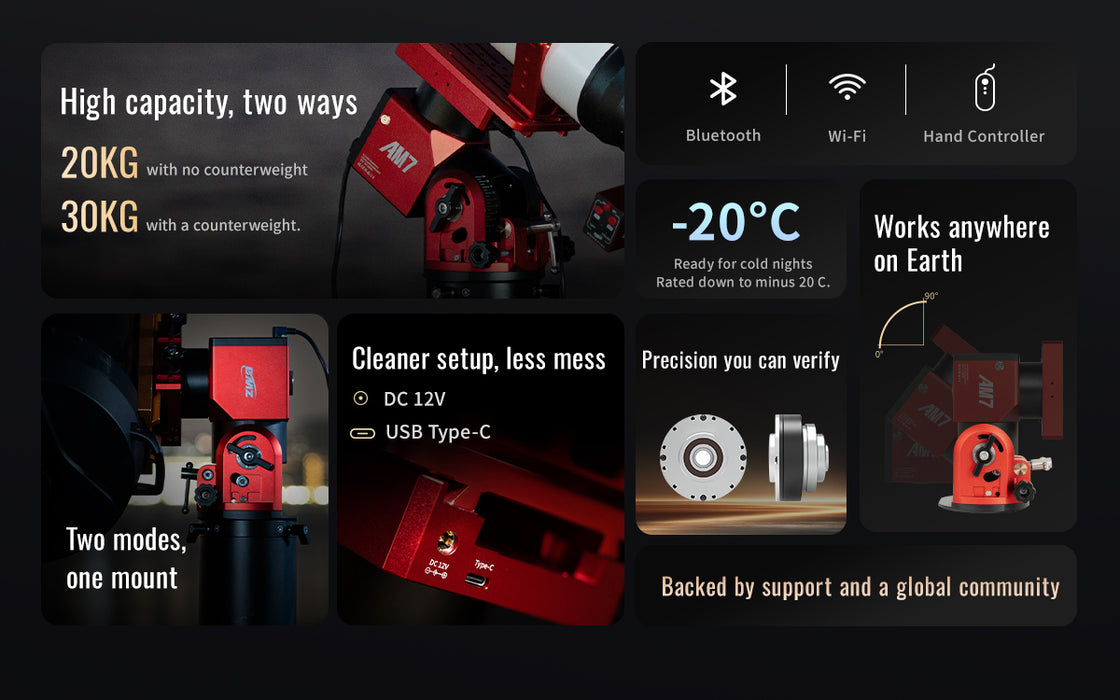Angled view of the ZWO AM7 harmonic drive mount, showing the mount head, altitude adjustment assembly, and clean mechanical layout.