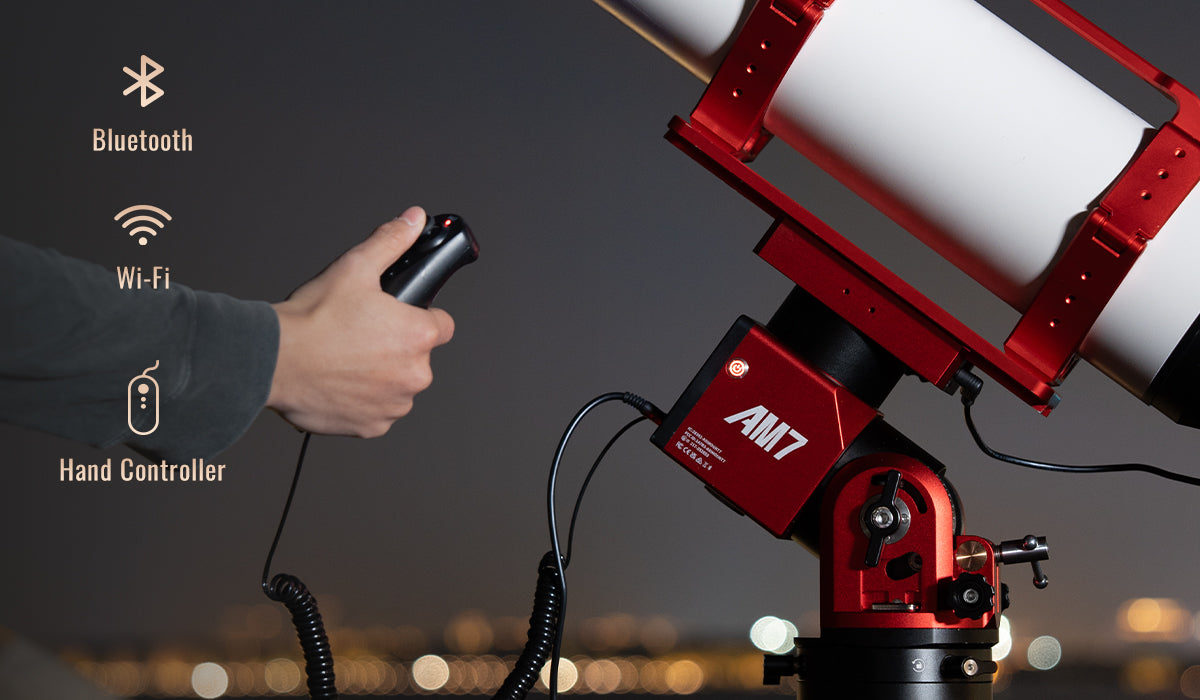 zWO AM7 harmonic drive mount, showing the mount head, altitude adjustment assembly, and clean mechanical layout.