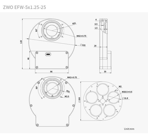 Front view of the ZWO EFW-5×1.25" filter wheel showing USB-C port and mounting holes.