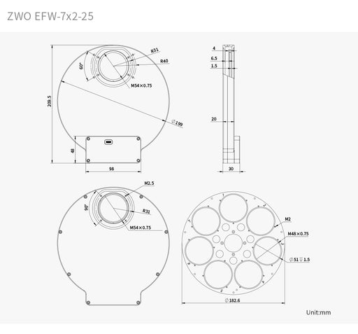 Front view of the ZWO EFW-7×2 inch electronic filter wheel showing the large 2-inch aperture, mounting pattern, and USB-C port.